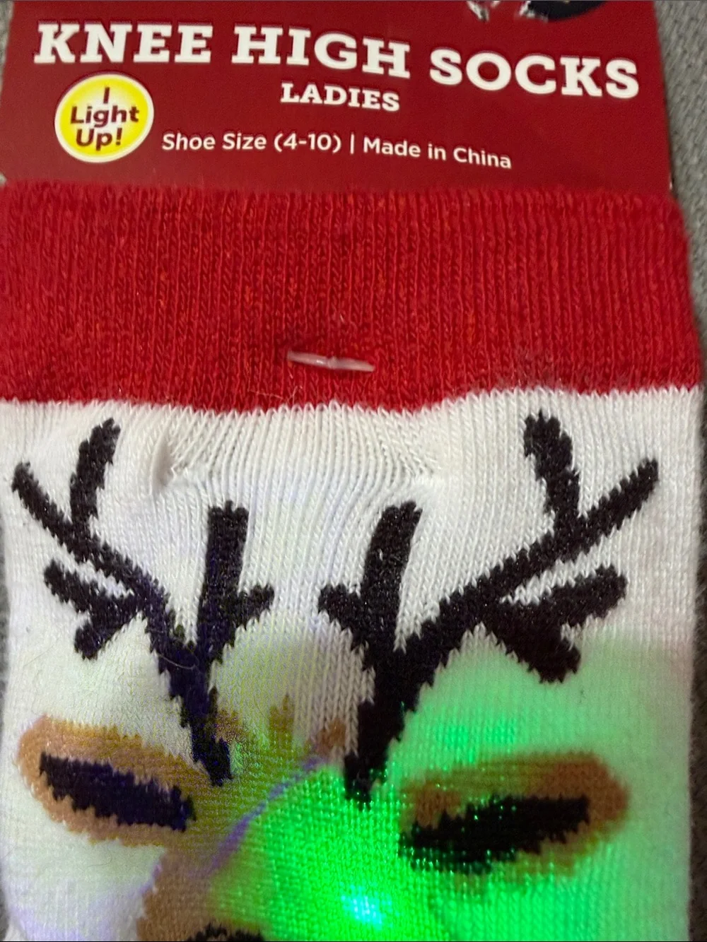 Holiday Style Ladies Light up Knee High Socks - White & Red Reindeer-NWT